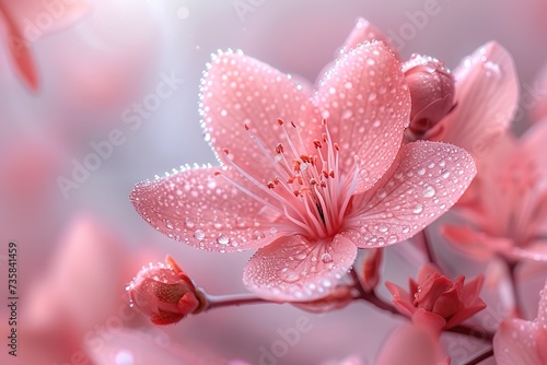 Beautiful pink sakura flower with water drops on petals for designer background