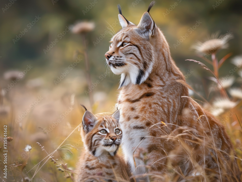 Fototapeta premium A tender moment between a bobcat mother and her cub in the wild.