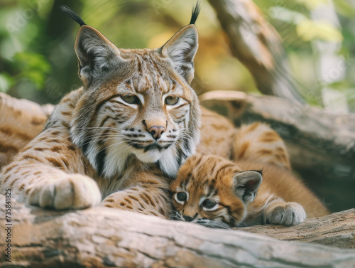 A bobcat and her cub cuddle together on a log, exuding a sense of peace and protection. © Jan