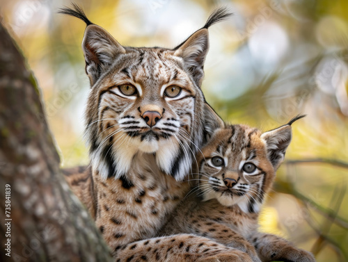 A tender moment between a bobcat mother and her cub in the wild. © Jan