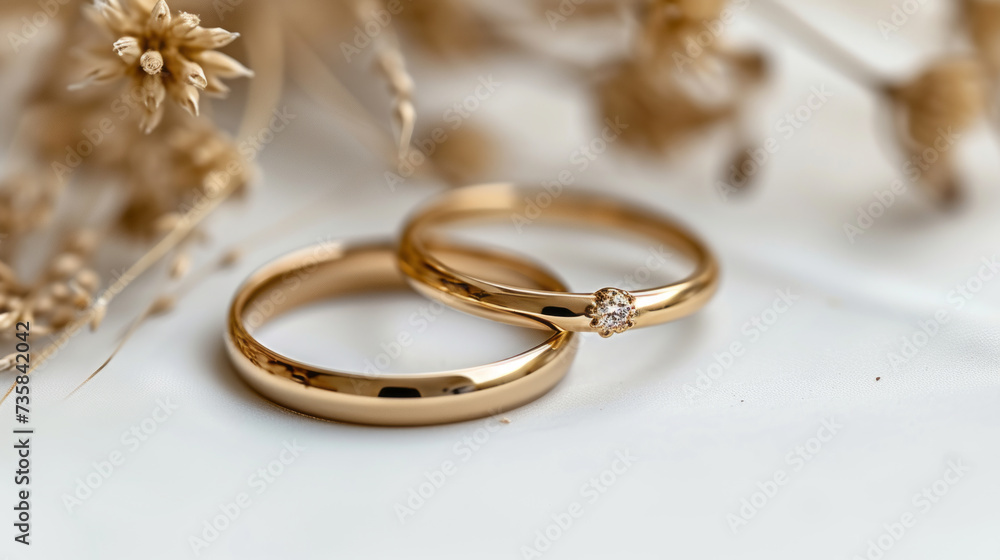 Pair of gold Wedding ring on a white background, macro shot Pair of gold Wedding ring on a white background, macro shot