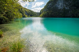 beautiful blue Plitvice lakes on a cloudy day in autumn. travel around Europe