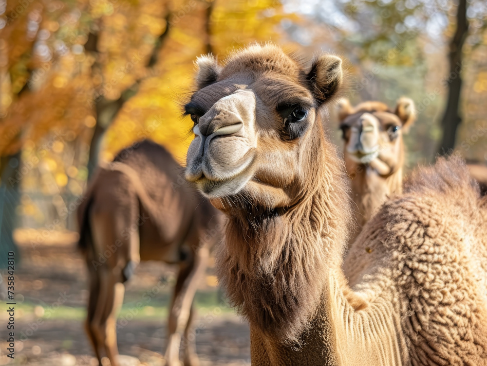 Wild camels standing freely between trees.