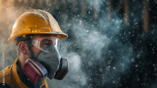 Professional construction worker wearing a high-grade dust mask, surrounded by lot of floating particles