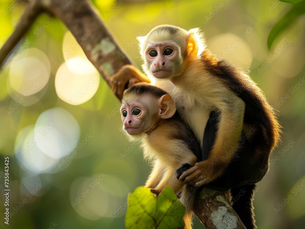 Obraz premium A capuchin monkey mother with her baby clinging to her back, looking into the distance.