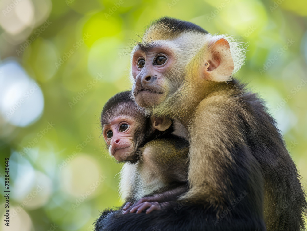 Capuchin monkey mother holding her infant, both gazing thoughtfully in the jungle. Capuchin monkey mother holding her infant, both gazing thoughtfully in the jungle.