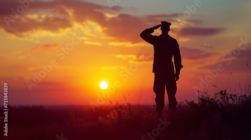 Silhouette of a soldier saluting at sunset, embodying respect