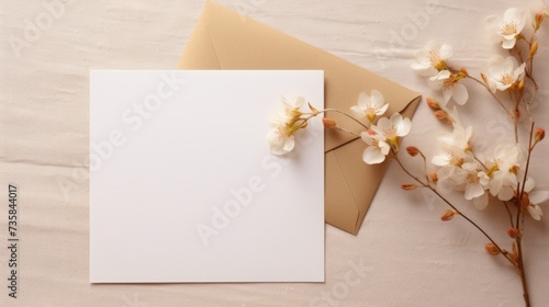 Elegant blank paper card & floral envelope mockup on neutral beige background
