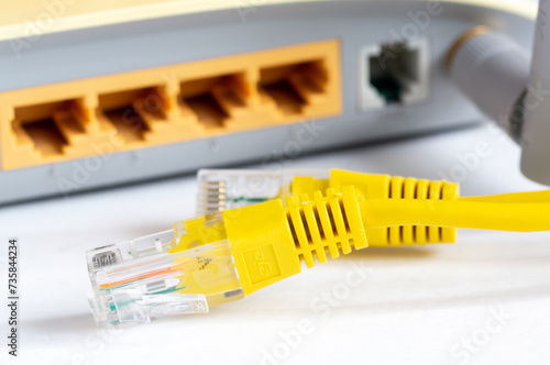 Konstfotografi Close-up view of LAN network switch connectors with Ethernet cables attached