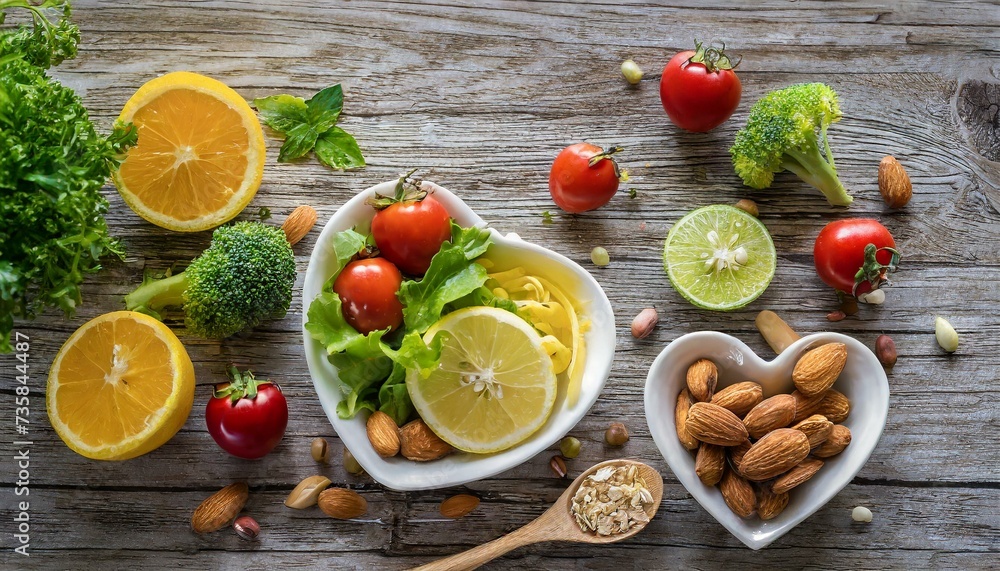 Healthy food for low cholesterol on wooden table top view Healthy food for low cholesterol on wooden table top view
