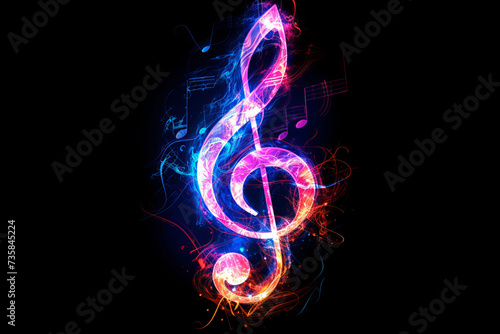 Vertical illustration of a glowing music G clef with colorful colors on black background