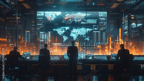 Futuristic AI analysts predicting stock market trends  surrounded by holographic displays of financial data and economic indicators in a high-tech operations room