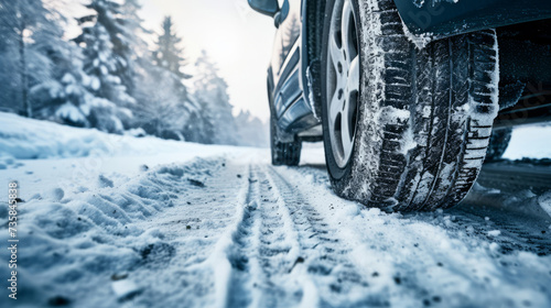 Winter tire with detail of car tires in winter snowy season on the road covered with snow © standret