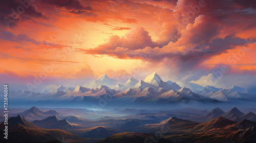 A painting of a mountain range with a sunset. © Anas