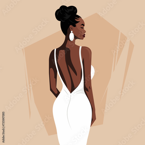 Vector flat fashion illustration of a beautiful sexy African woman in an elegant white backless dress. Back view.
