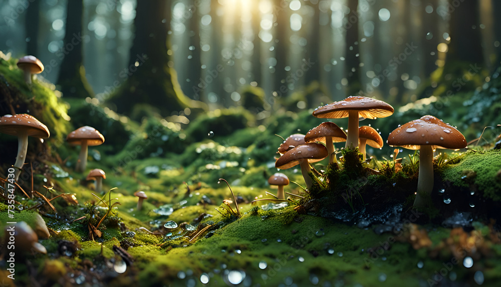 Fototapeta premium Pilze im Regen voller Tau und Tropfen im Wald, Nahaufnahme der frischen üppigen Natur im Sommer und Herbst, Pflanzen wild wachsend zum sammeln, Nahrung für Tiere Vorlage Hintergründe Umwelt nachhaltig