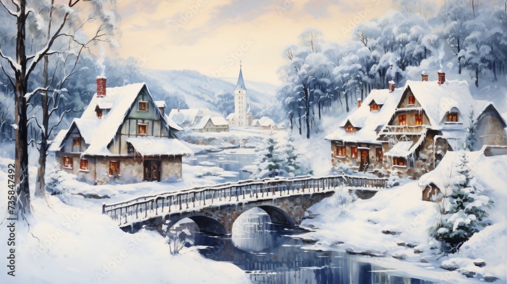 A painting of a snowy village with a bridge.