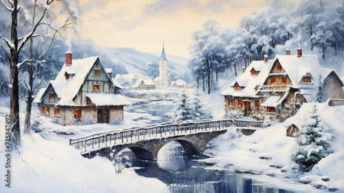A painting of a snowy village with a bridge.