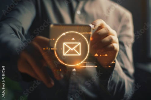 Close up, Businessman clicking on email icon, contact by email concept