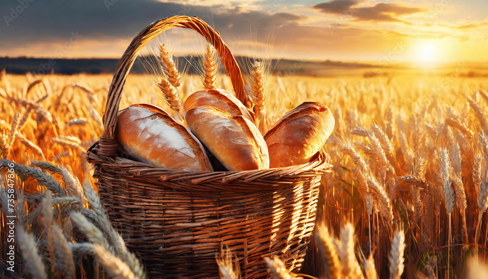 Close-up of a wicker basket full of loaves of bread in a wheat field at sunset or sunrise. Generative Ai. - obrazy, fototapety, plakaty 