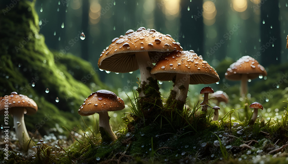 Fototapeta premium Pilze im Regen voller Tau und Tropfen im Wald, Nahaufnahme der frischen üppigen Natur im Sommer und Herbst, Pflanzen wild wachsend zum sammeln, Nahrung für Tiere Vorlage Hintergründe Umwelt nachhaltig