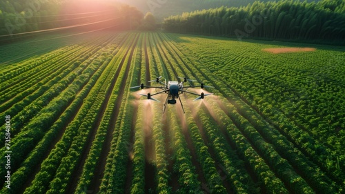 Aerial view of a pesticide spraying drone in operation over a green crop field, with farmers monitoring progress from the ground