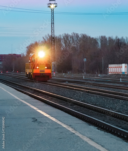 Railway station in evening light, Cheboksari city, Russia. Sunset views of cities.