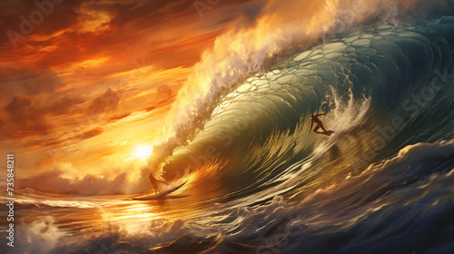 A painting of a surfer riding a wave in the ocean.