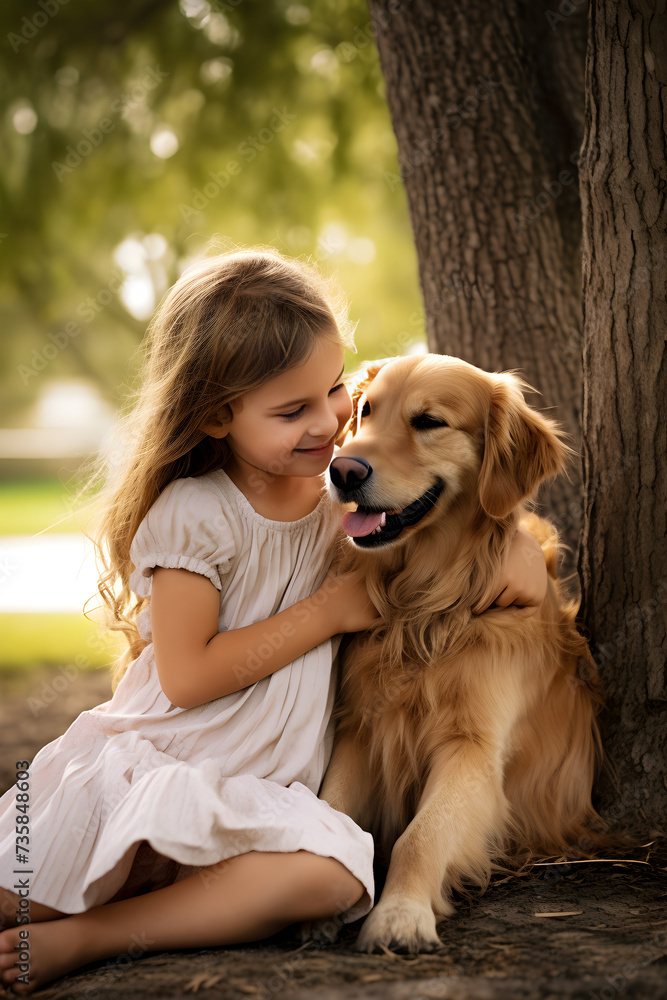 A Cherished Moment: Young Girl Enjoying a Warm Embrace with Her Golden Retriever in a Park