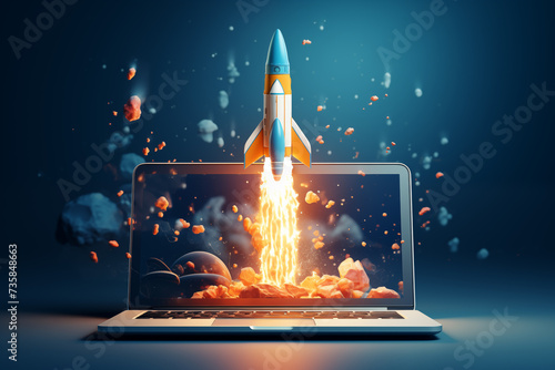 Rocket coming out of laptop screen. startup and technology concept
