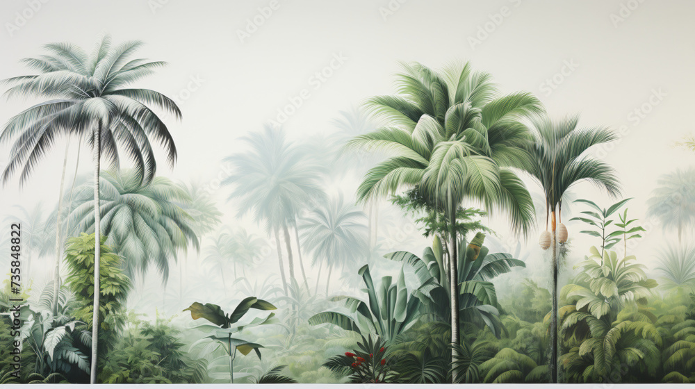 A painting of a tropical forest with palm trees.