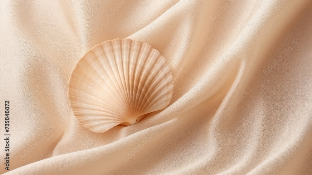 Obraz premium Close-up of seashell on beige textile: minimalist summer vacation texture