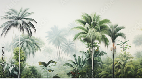 A painting of a tropical forest with palm trees. © Anas