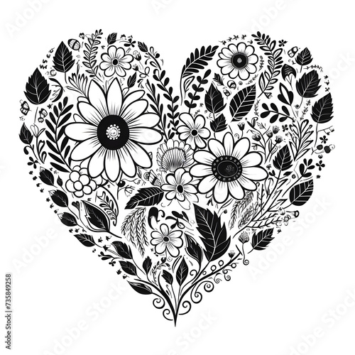 Heart filled with floral outline patterns, black and white design.