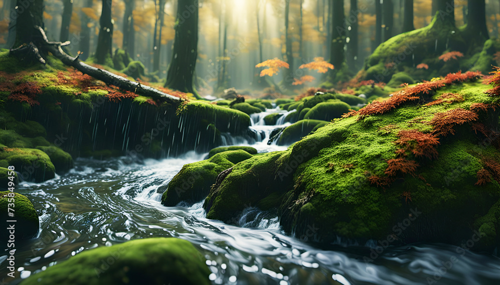 Nahaufnahme Regen im dichten grünen Wald voller Moos mit einem Bach oder Fluß klaren Wassers in herbstlicher Morgenstunde mit leichtem Nebel als klare herbstliche Vorlage oder Hintergrund Niederschlag