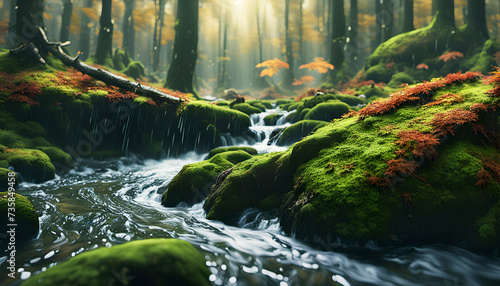 Nahaufnahme Regen im dichten gr  nen Wald voller Moos mit einem Bach oder Flu   klaren Wassers in herbstlicher Morgenstunde mit leichtem Nebel als klare herbstliche Vorlage oder Hintergrund Niederschlag