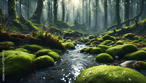 Nahaufnahme Regen im dichten grünen Wald voller Moos mit einem Bach oder Fluß klaren Wassers in herbstlicher Morgenstunde mit leichtem Nebel als klare herbstliche Vorlage oder Hintergrund Niederschlag photo