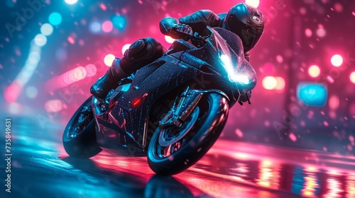 A motorcyclist rides fast in neon lights. © Nikolay