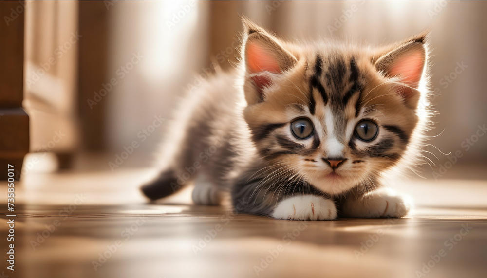 A playful kitten chasing sunlight reflections on a hardwood floor A playful kitten chasing sunlight reflections on a hardwood floor