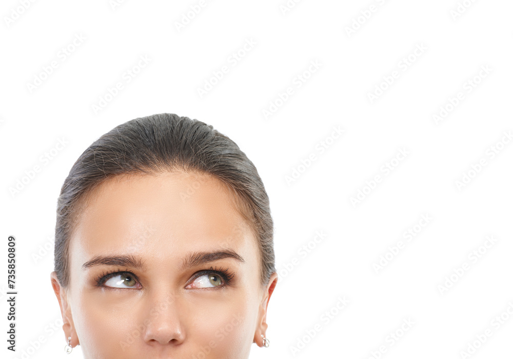 Woman, face and thinking of idea in decision, choice or brainstorming on a white studio background. Closeup of female person in wonder, thought or dream for opinion, vote or selection on mockup space Woman, face and thinking of idea in decision, choice or brainstorming on a white studio background. Closeup of female person in wonder, thought or dream for opinion, vote or selection on mockup space