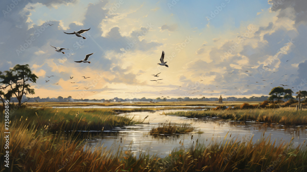 Fototapeta premium A painting of birds flying over a marshy marshland.