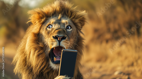 Surprised lion holding a smartphone with a comical expression.