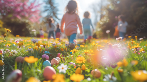 children playing egg hunt on Easter. Child sitting on the grass gathering colorful eggs in basket.