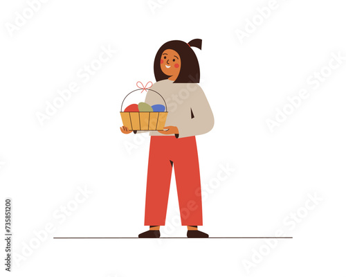 Happy girl holding the basket full of colorful chocolate eggs. female child celebrating Easter holiday and hunting sweets. Vector illustration