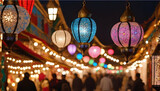 Dazzling lights and decorations at a bustling souk during a local festival