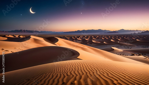 Desert dunes glow, kissed by the radiant glow of a crescent moon