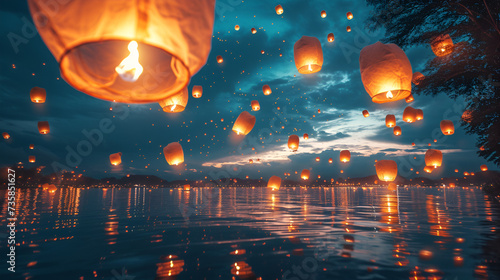 Flying Chinese Lanterns, Floating lantern festival, Sky Lantern Festival, balloon fire Sky lantern flying lanterns, hot-air balloons Lantern flies up highly in the sky, Generative Ai