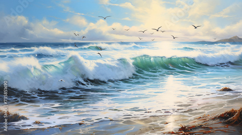 A painting of waves crashing on a beach with birds.