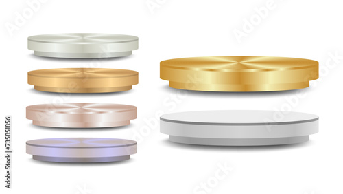 Set of realistic gold, silver, bronze and platinum, rose gold and white colour stage podium with shadow isolated on white background. 3D Round winner pedestal collection. Vector illustration