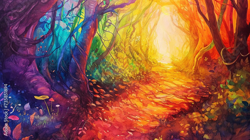 A Trail Through a Bright Rainbow-Colored Forest Watercolor Painting Banner